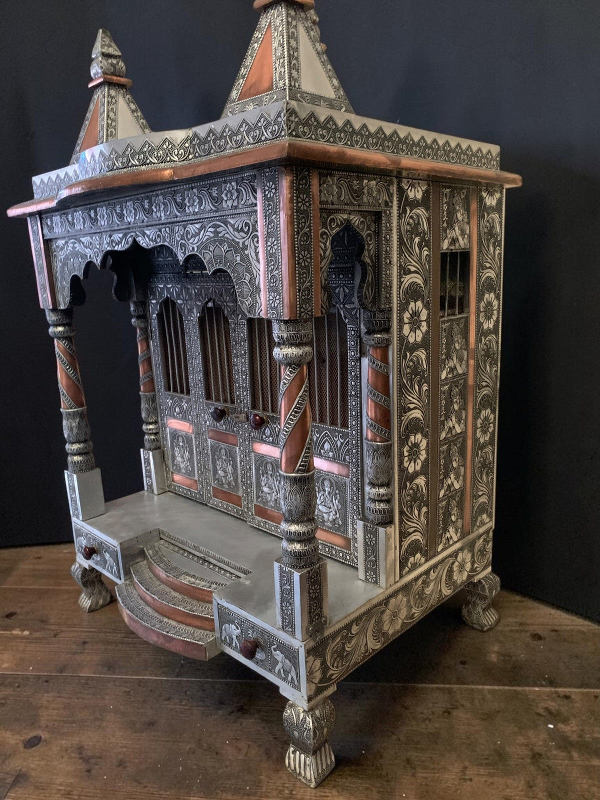 Large Silver & Copper Embossed Indian Pooja Mandir (Shrine) – Ganesha & Lakshmi