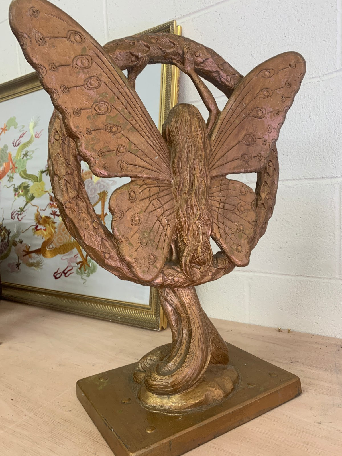Large Heavy Vintage Art Nouveau-Style Golden Fairy Sculpture with Laurel Wreath