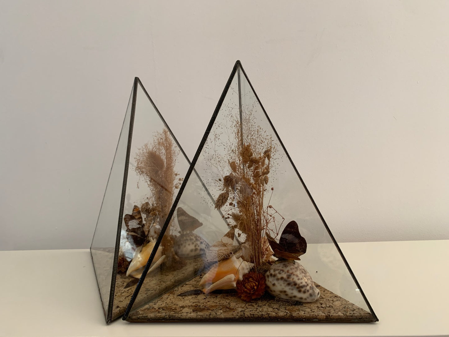 Vintage 1970s Pair of Large Geometric Pyramid Butterfly & Shell Terrariums