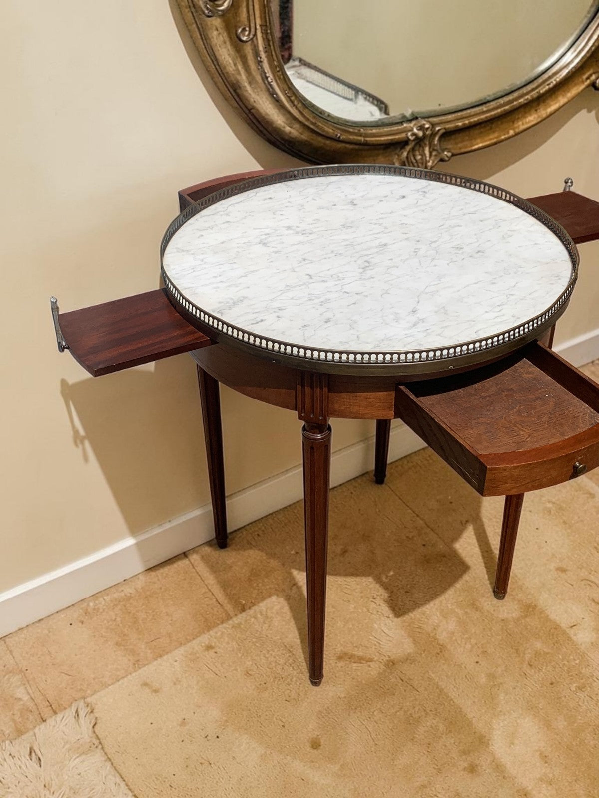 French Louis XVI Mahogany Bouillotte Table Marble Top 2 Drawers 2 Slides c1890