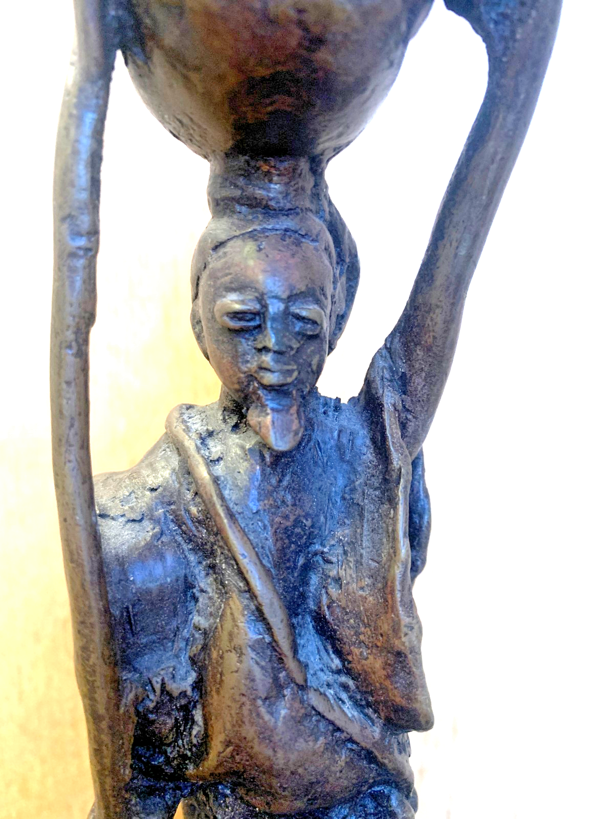 Vintage Bronze West African Statue African Man Carrying Basket, Early 20th C