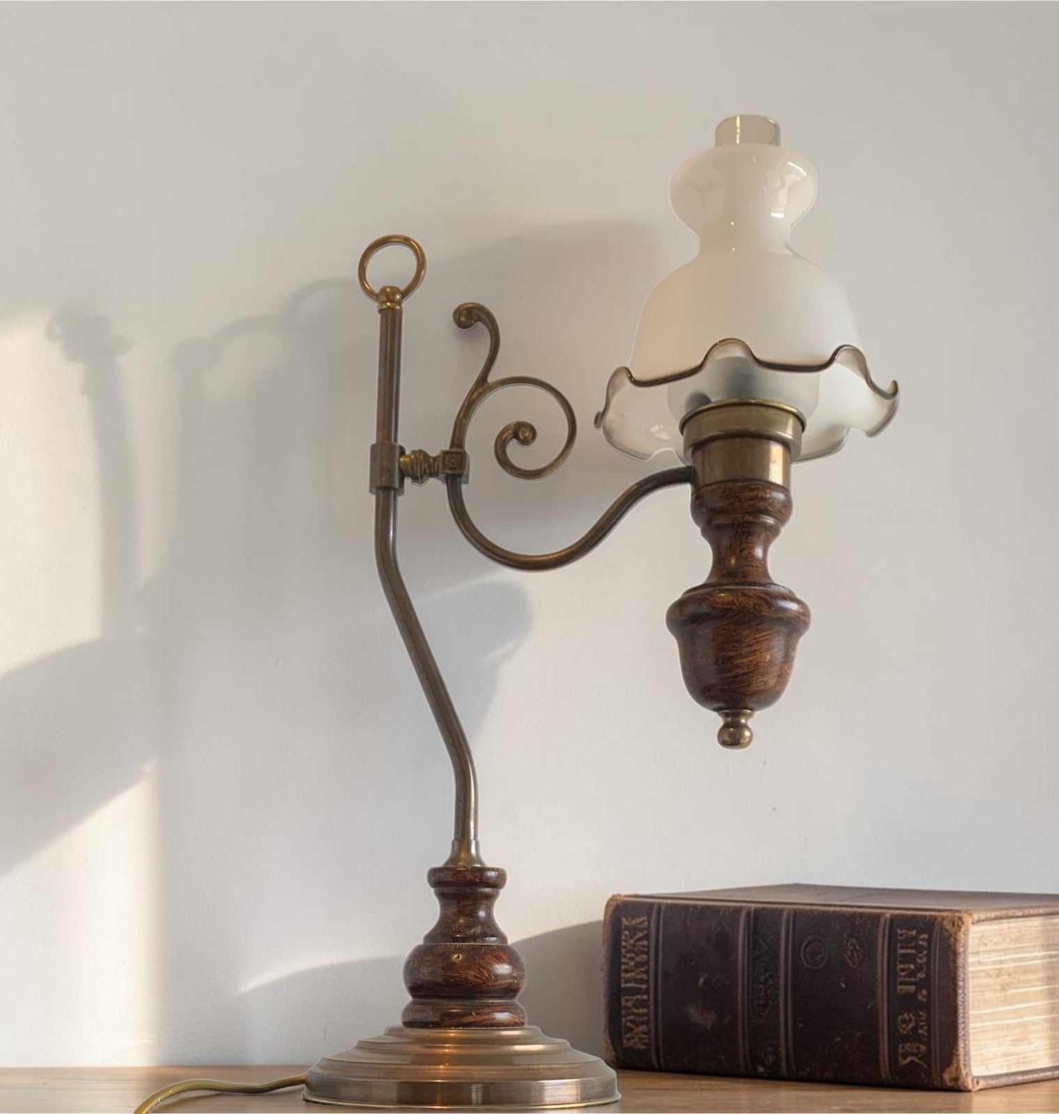 Vintage Art Nouveau "Student" Style Brass & Wood Table Lamp with Glass Shade