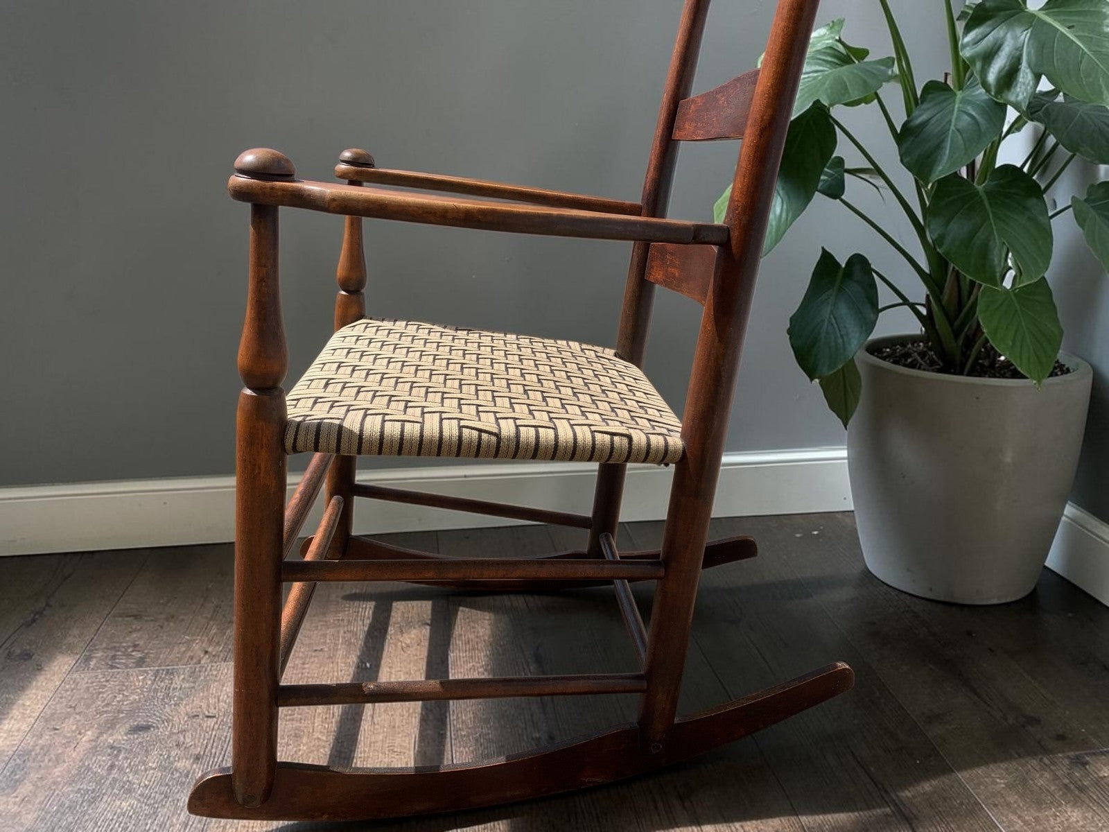 Antique American Child's Shaker Ladderback Rocking Chair Woven Seat c.1900