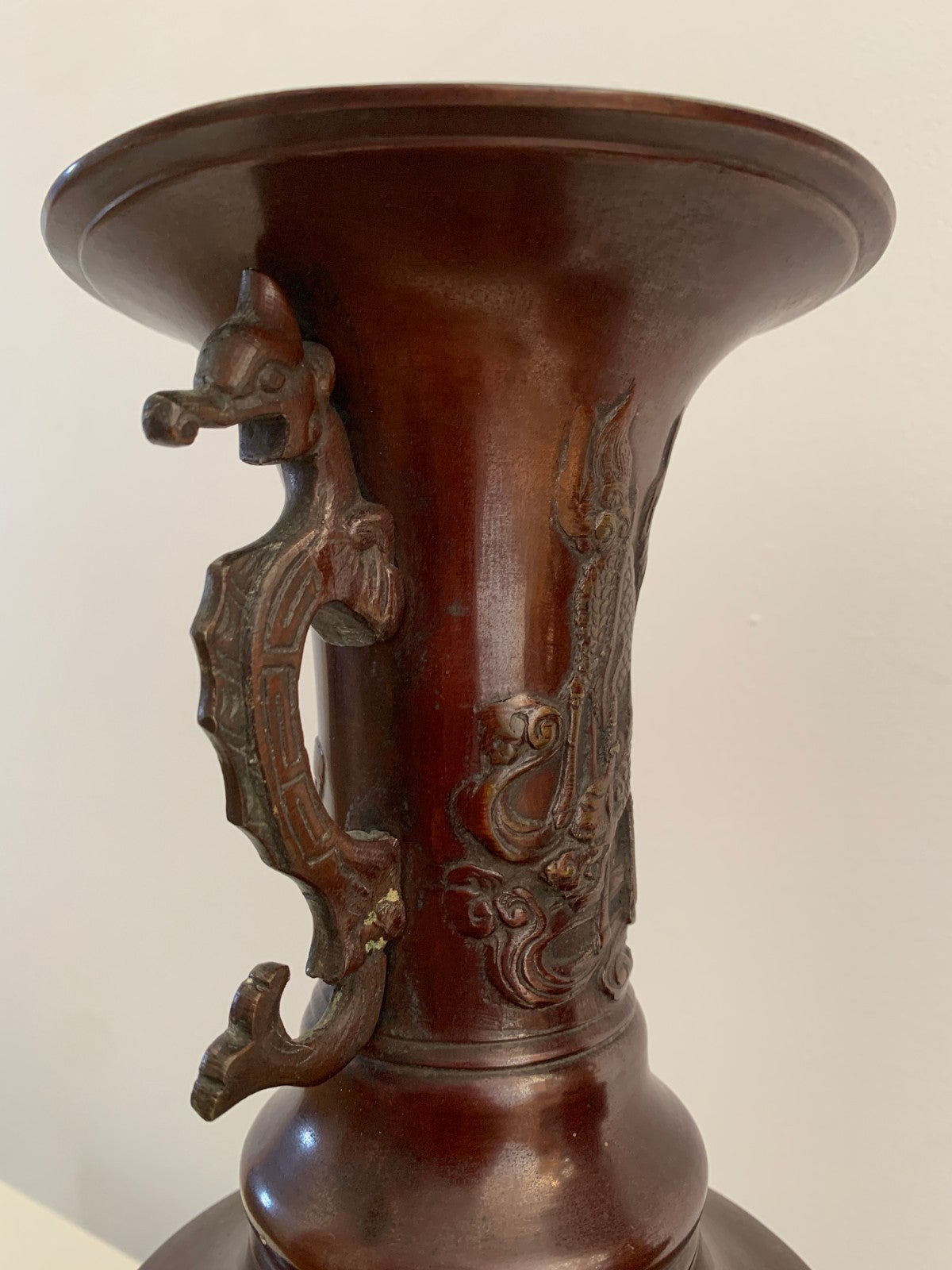 Antique Japanese Bronze Vases Pair Meiji Period 19thC Dragon Handles Bird Relief