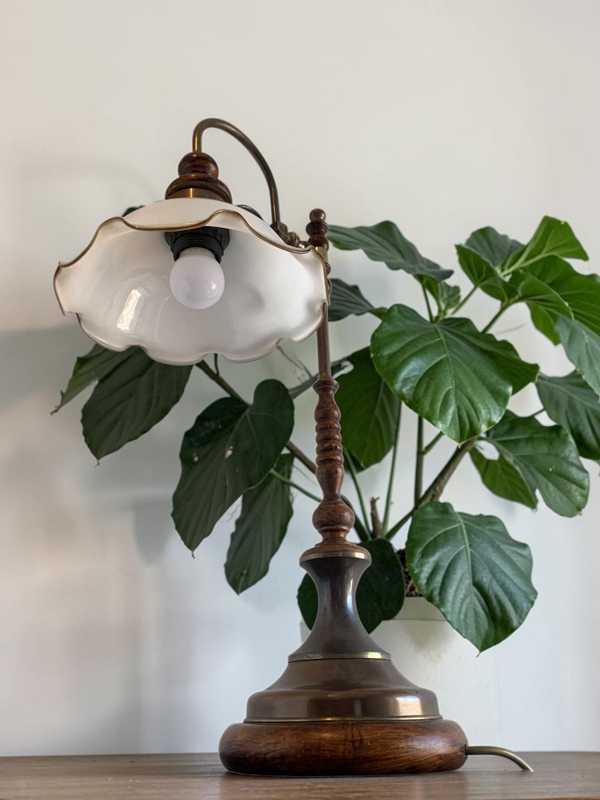 Vintage Art Nouveau Style Brass & Turned Wood Table Lamp with Glass Shade