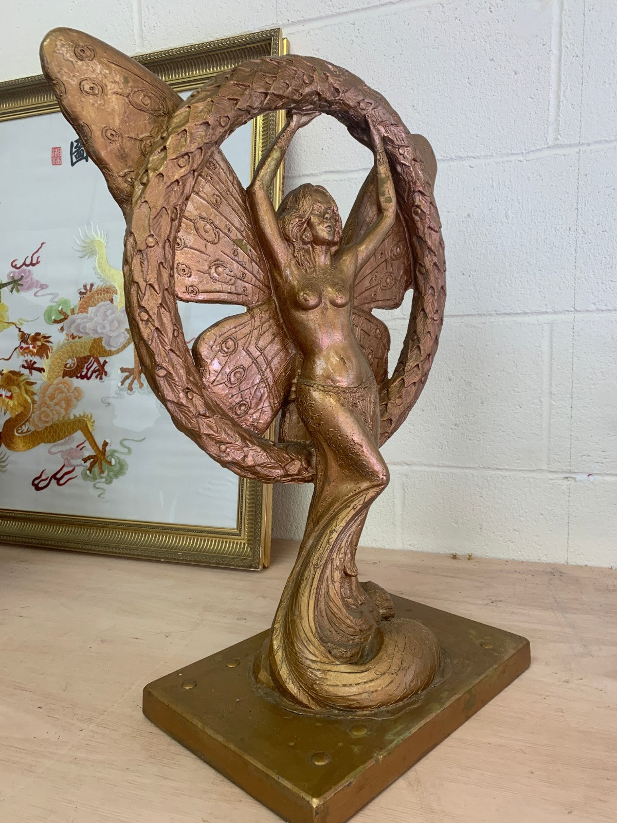 Large Heavy Vintage Art Nouveau-Style Golden Fairy Sculpture with Laurel Wreath