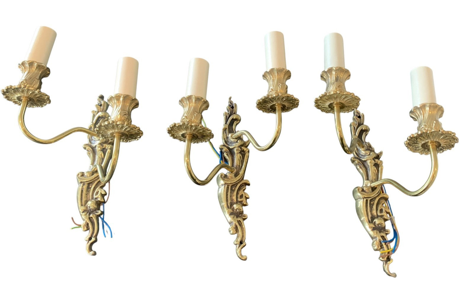Set of Three Handmade French Rococo Style Brass Twin Candle Wall Lights by Impex