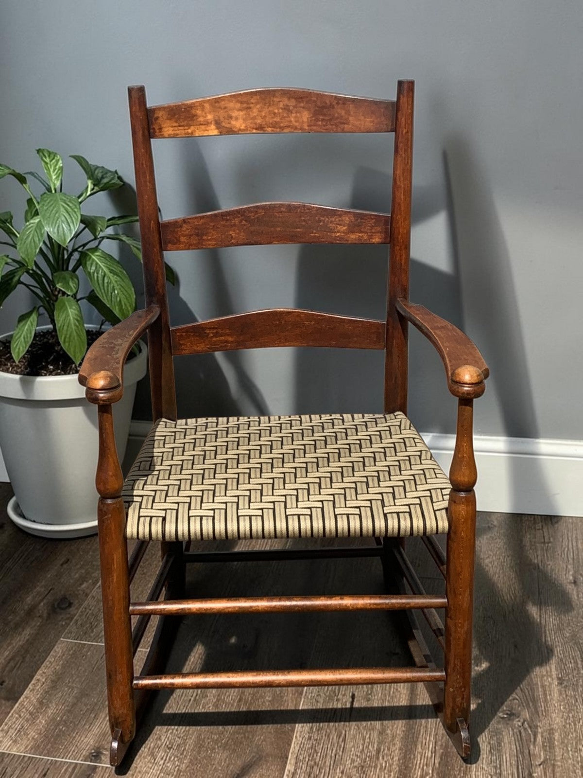Antique American Child's Shaker Ladderback Rocking Chair Woven Seat c.1900