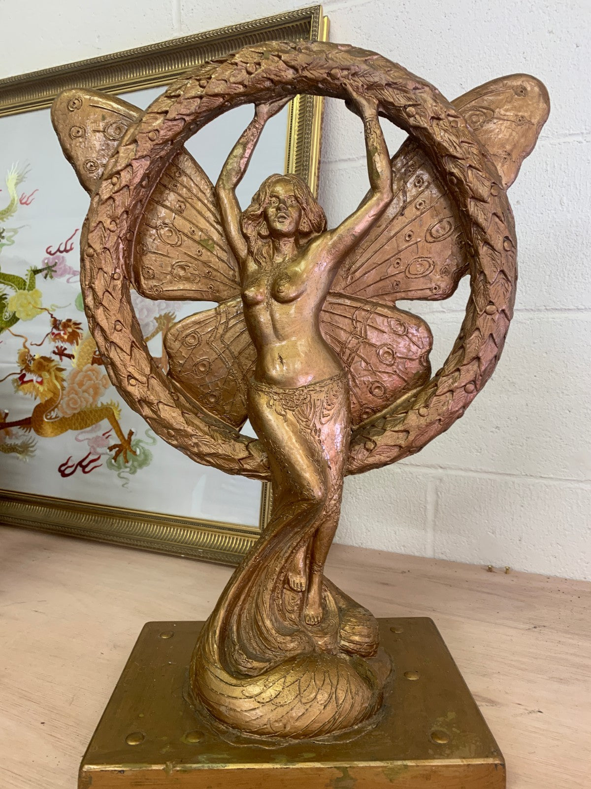 Large Heavy Vintage Art Nouveau-Style Golden Fairy Sculpture with Laurel Wreath