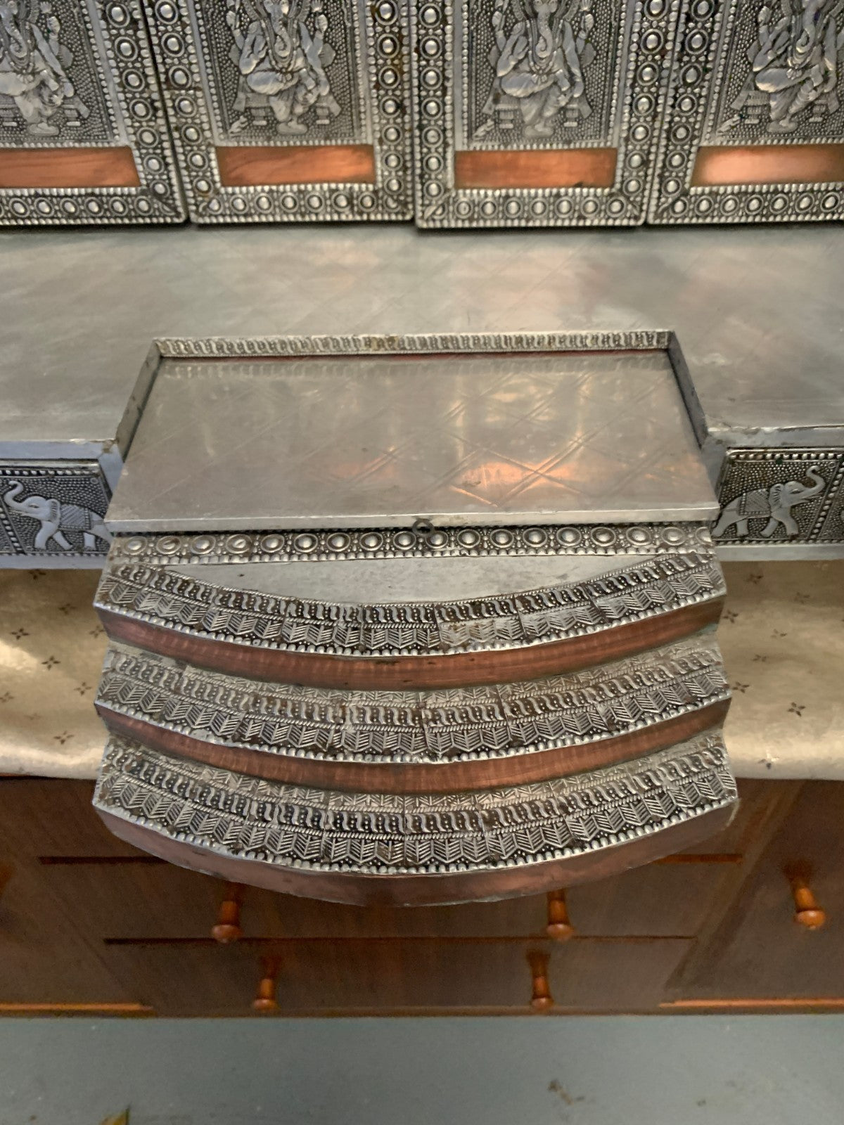 Large Silver & Copper Embossed Indian Pooja Mandir (Shrine) – Ganesha & Lakshmi