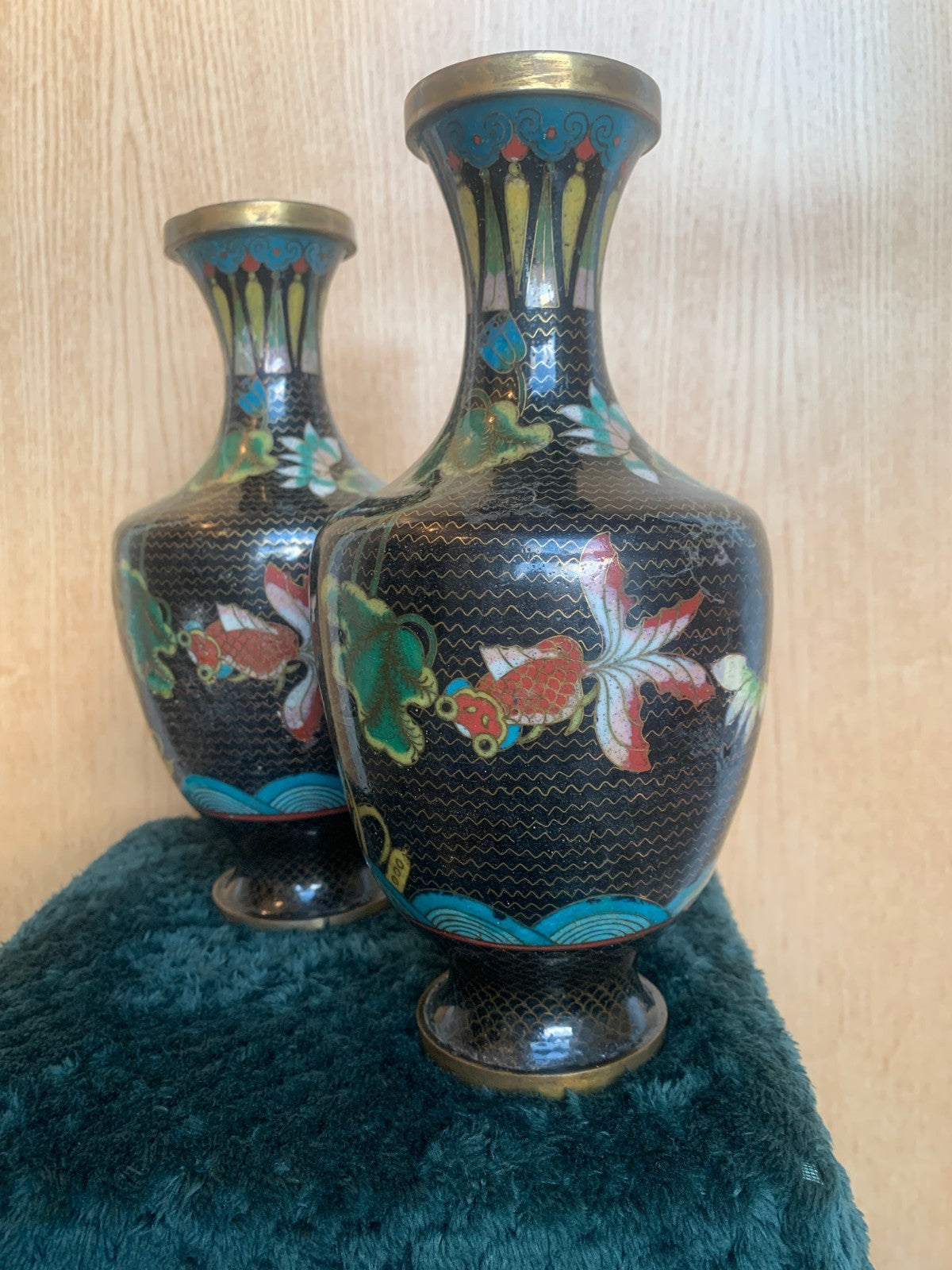 Antique Meiji Pair of Japanese Meiji Period Cloisonné Vases with Koi Carp
