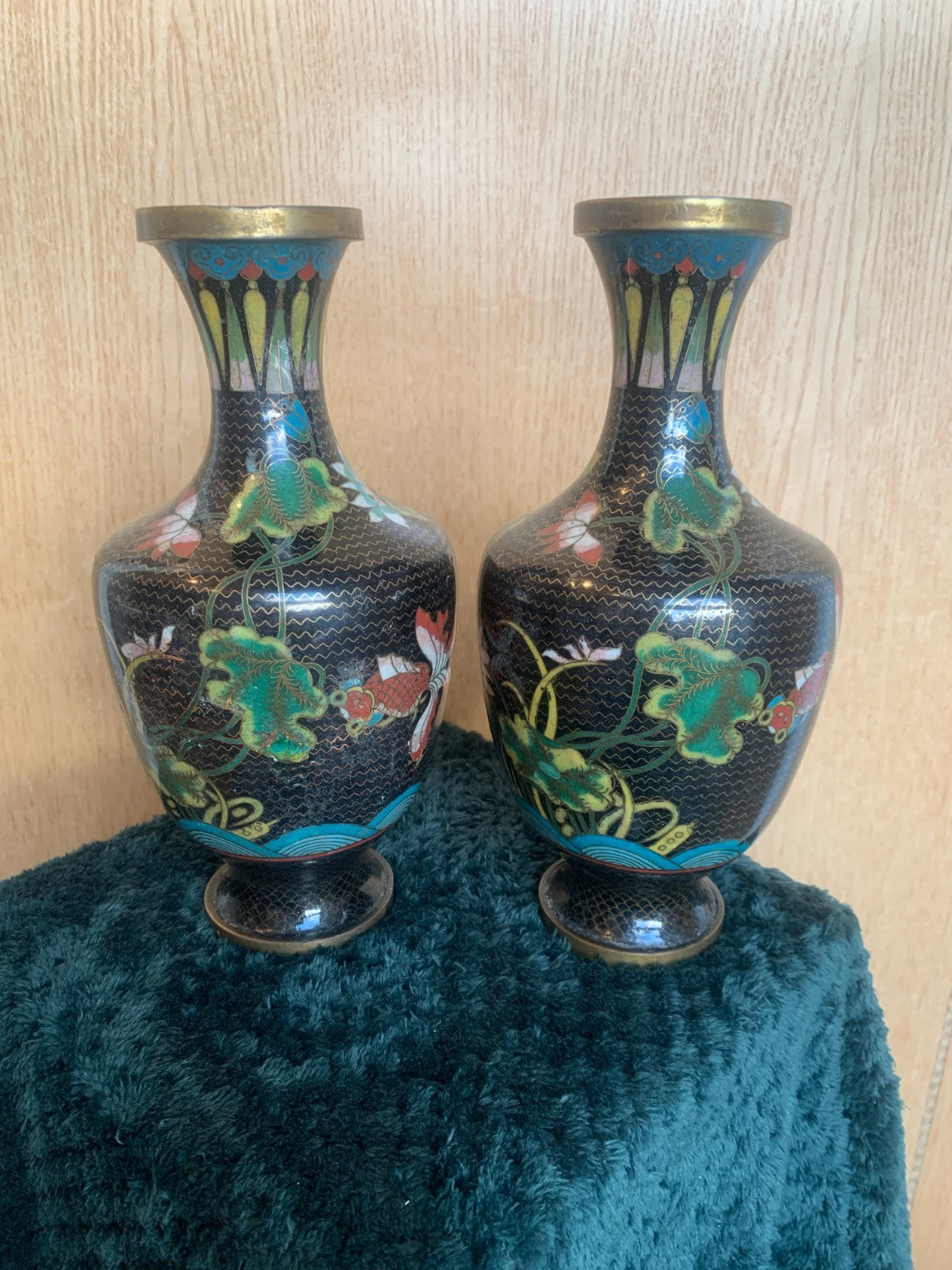 Antique Meiji Pair of Japanese Meiji Period Cloisonné Vases with Koi Carp