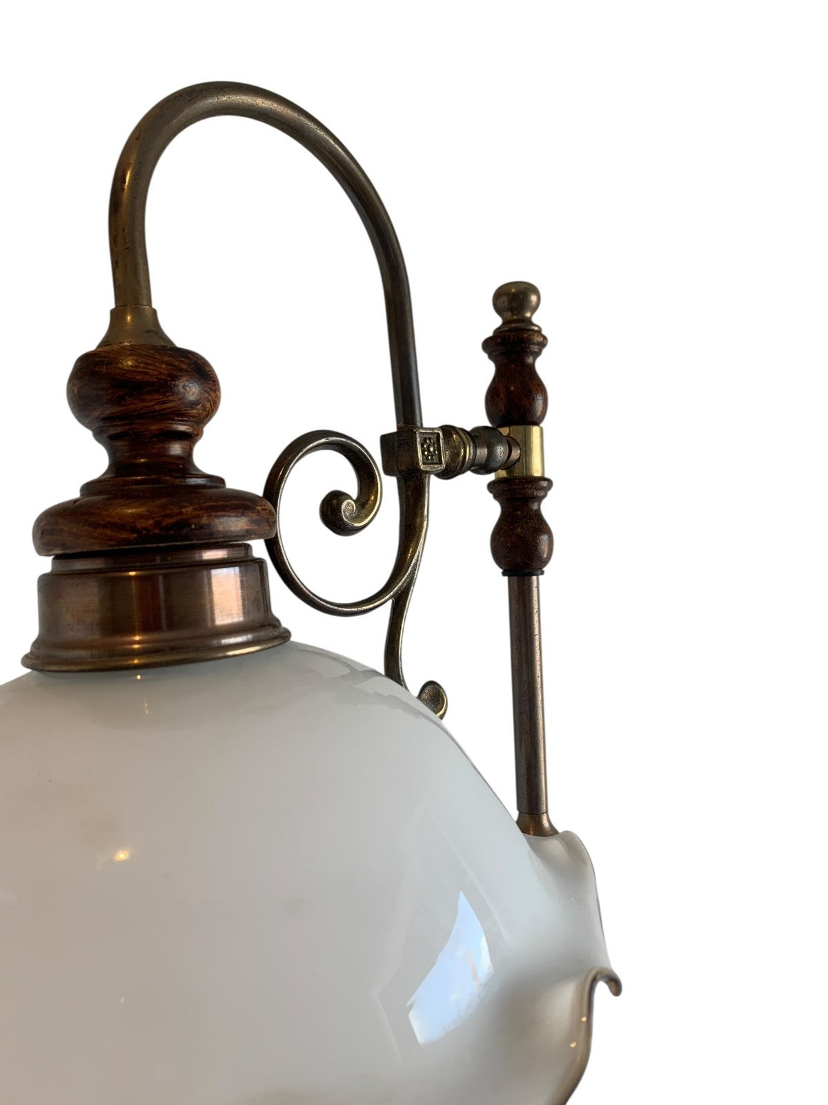 Vintage Art Nouveau Style Brass & Turned Wood Table Lamp with Glass Shade