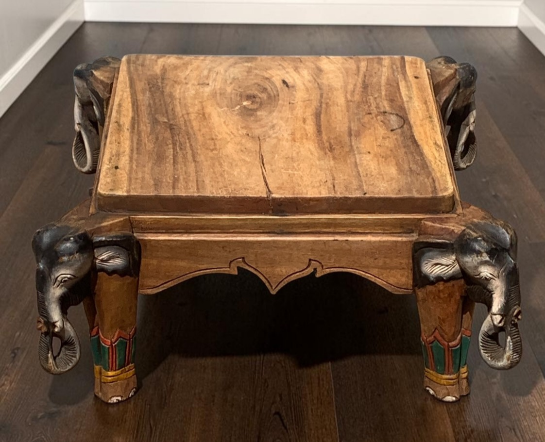 Vintage Indian Carved Elephant Coffee Table Low Stool Plant Stand Wooden