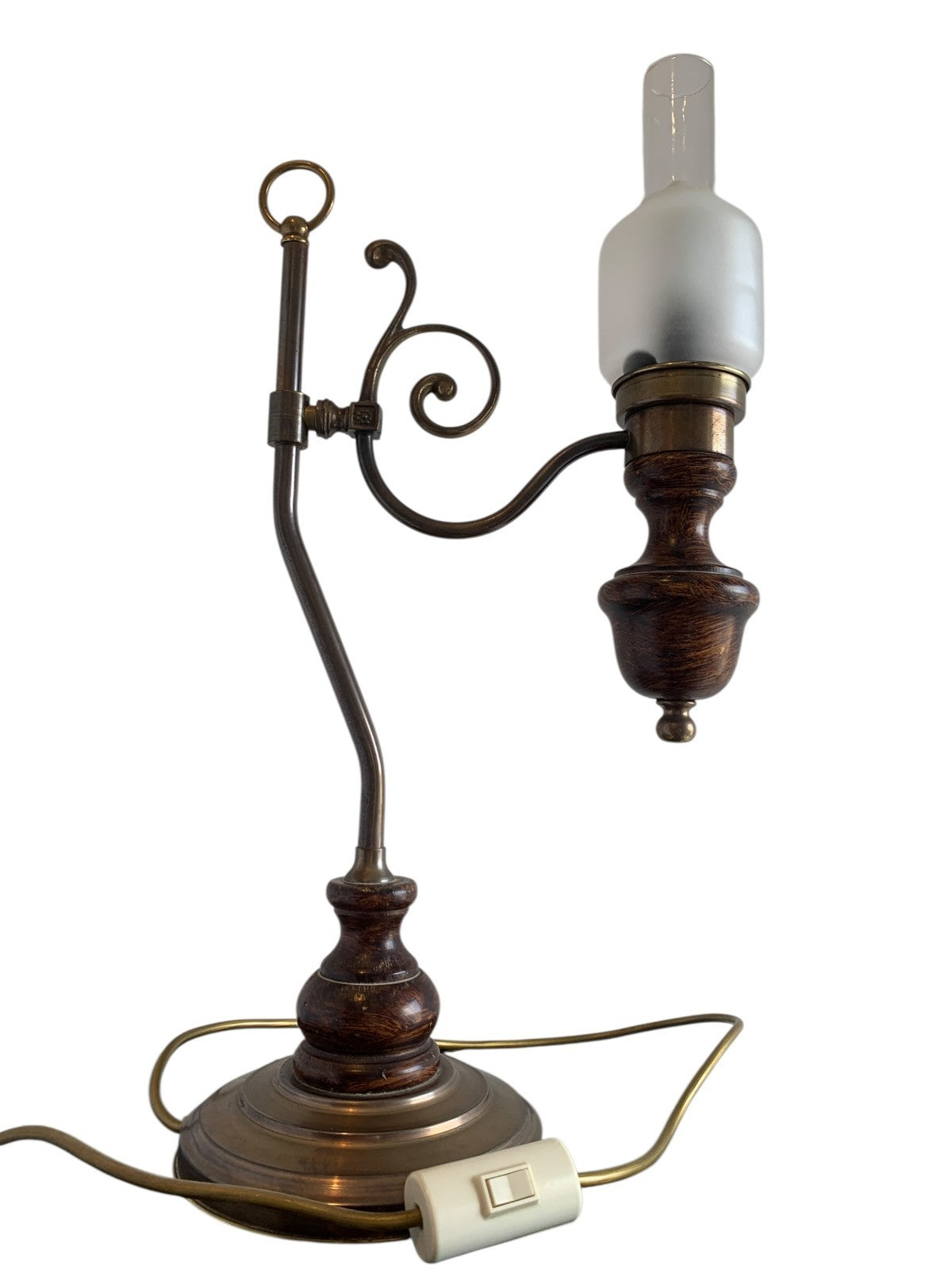Vintage Art Nouveau "Student" Style Brass & Wood Table Lamp with Glass Shade