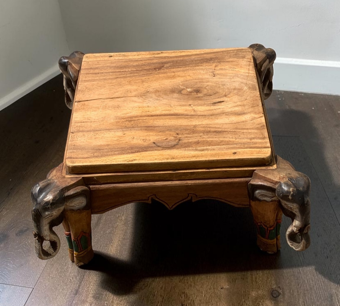 Vintage Indian Carved Elephant Coffee Table Low Stool Plant Stand Wooden