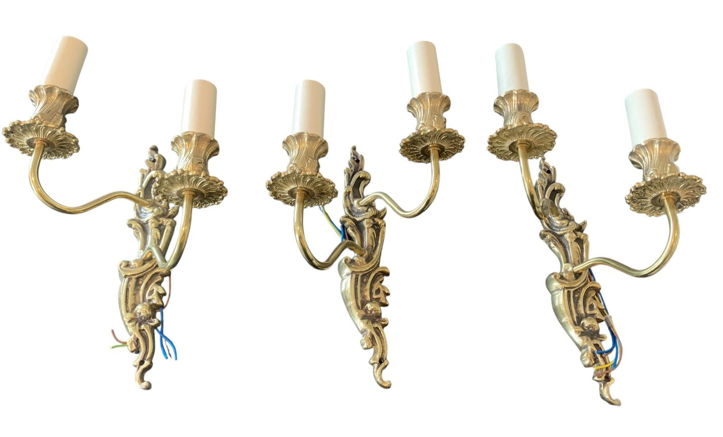 Set of Three Handmade French Rococo Style Brass Twin Candle Wall Lights by Impex
