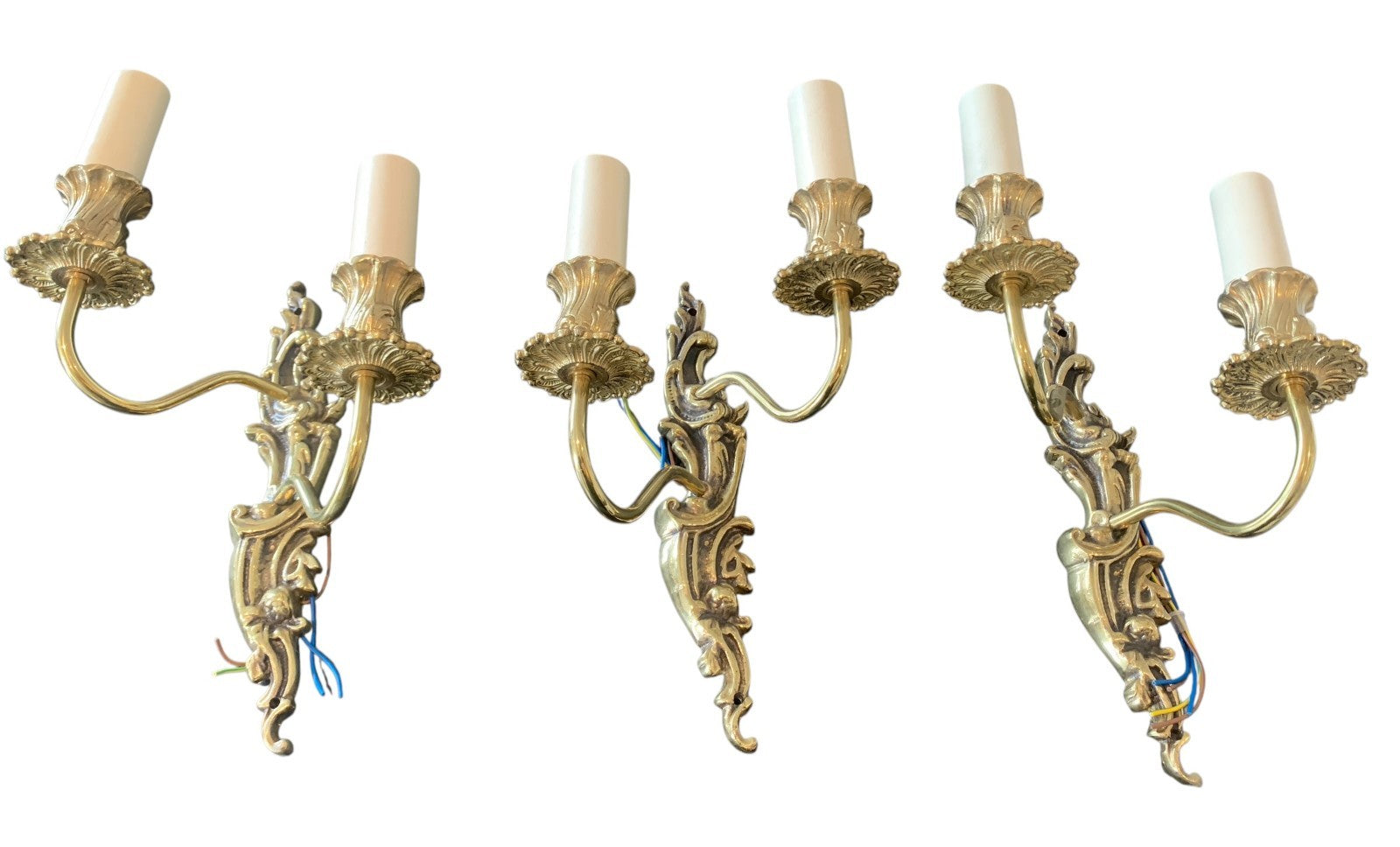 Set of Three Handmade French Rococo Style Brass Twin Candle Wall Lights by Impex