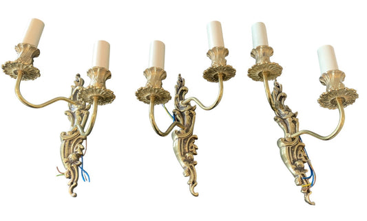 Set of Three Handmade French Rococo Style Brass Twin Candle Wall Lights by Impex