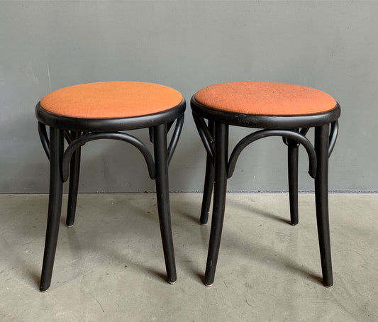 Pair of TON No.60 Ebonised Beechwood Stools Terracotta Seats Thonet Heritage