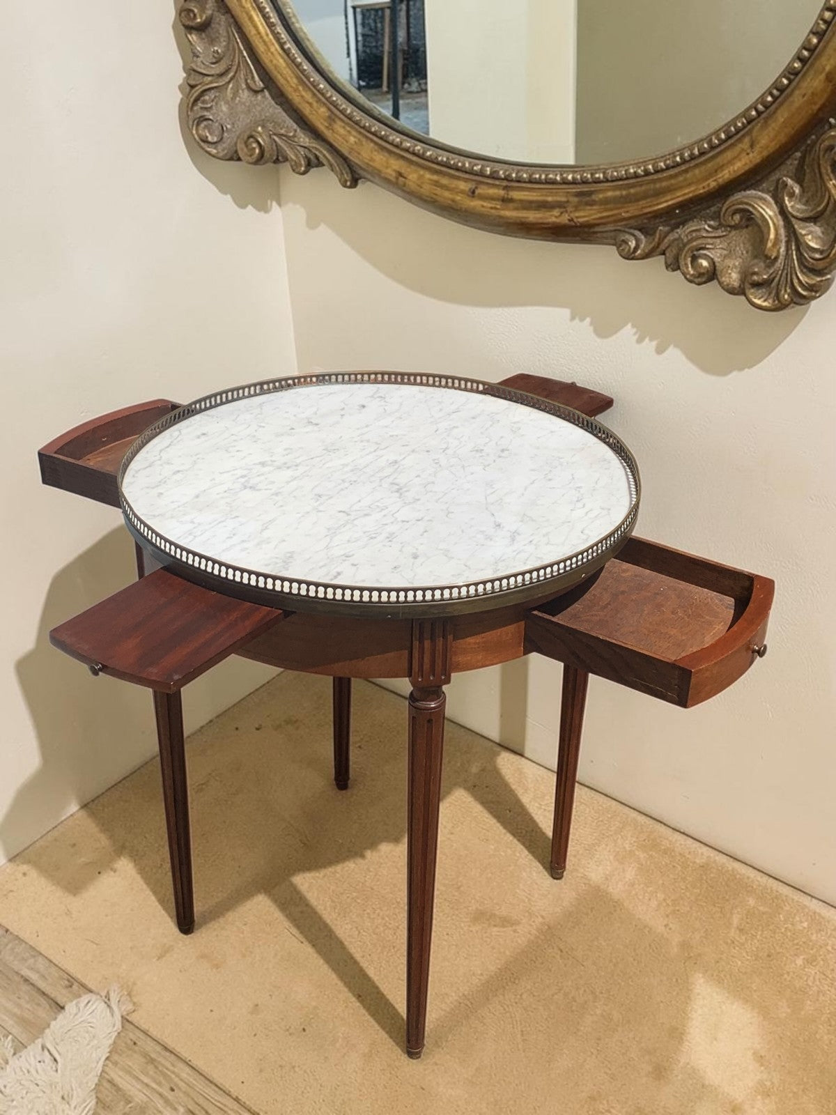 French Louis XVI Mahogany Bouillotte Table Marble Top 2 Drawers 2 Slides c1890