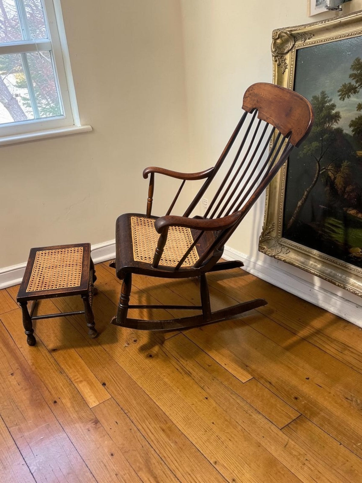 Antique Boston Rocker Chair & Matching Footstool c.1880 Victorian Windsor Cane
