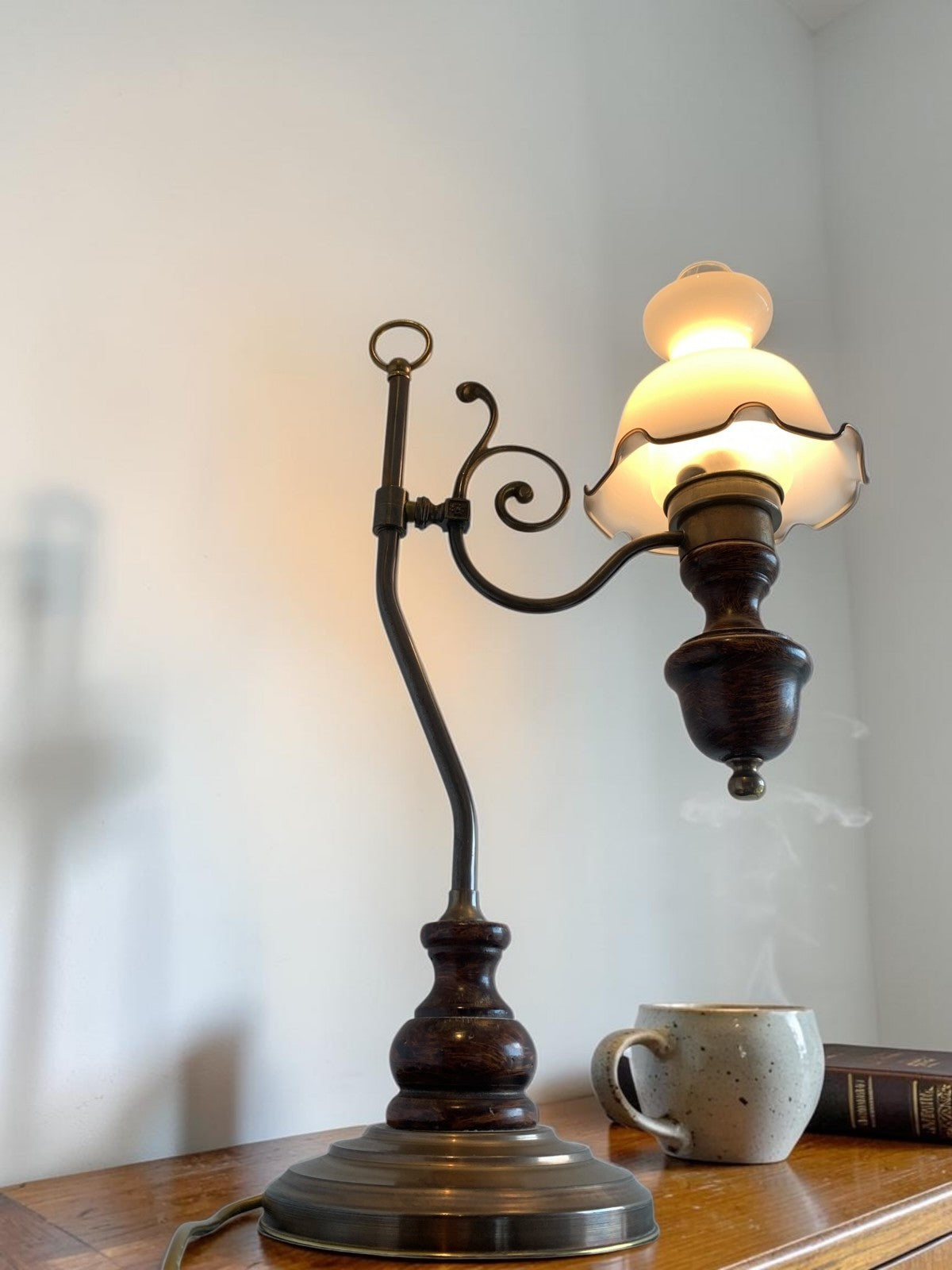 Vintage Art Nouveau "Student" Style Brass & Wood Table Lamp with Glass Shade