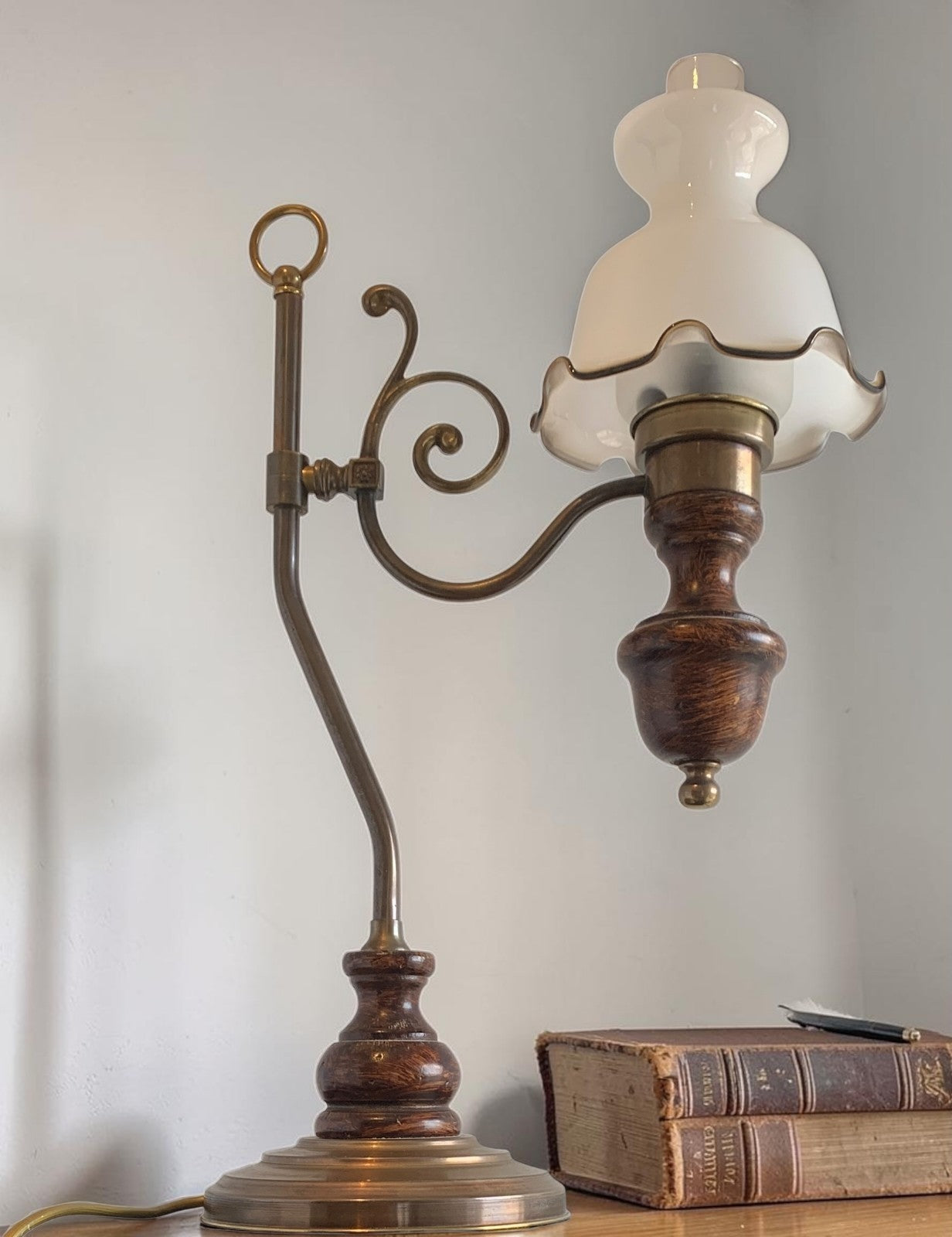 Vintage Art Nouveau "Student" Style Brass & Wood Table Lamp with Glass Shade