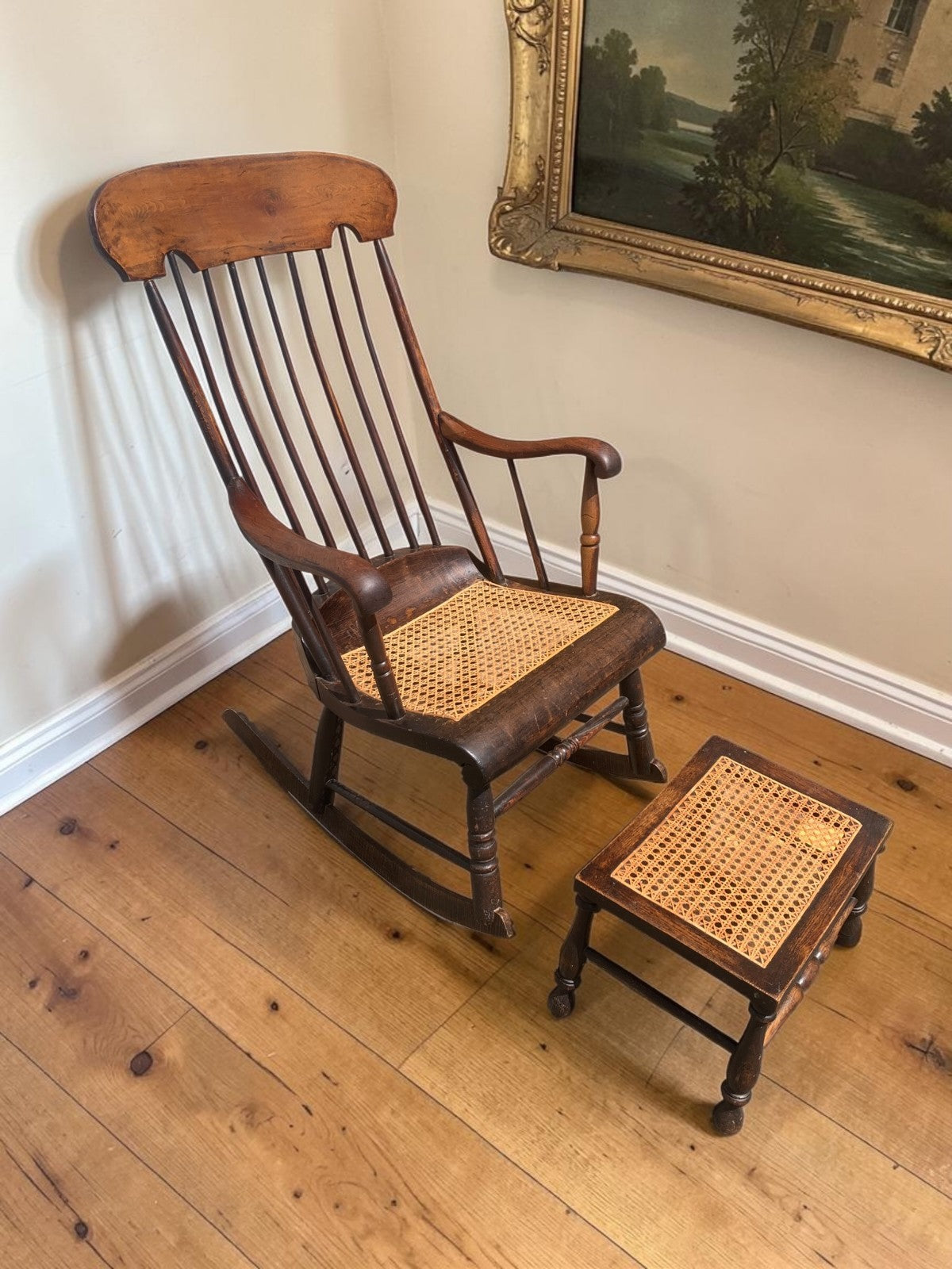 Antique Boston Rocker Chair & Matching Footstool c.1880 Victorian Windsor Cane