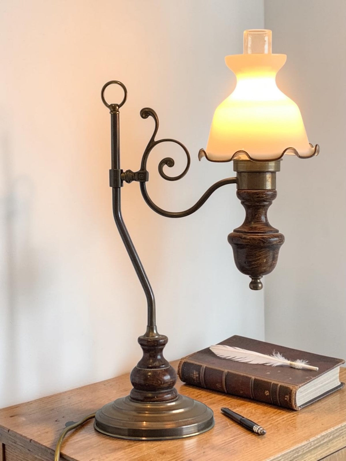 Vintage Art Nouveau "Student" Style Brass & Wood Table Lamp with Glass Shade