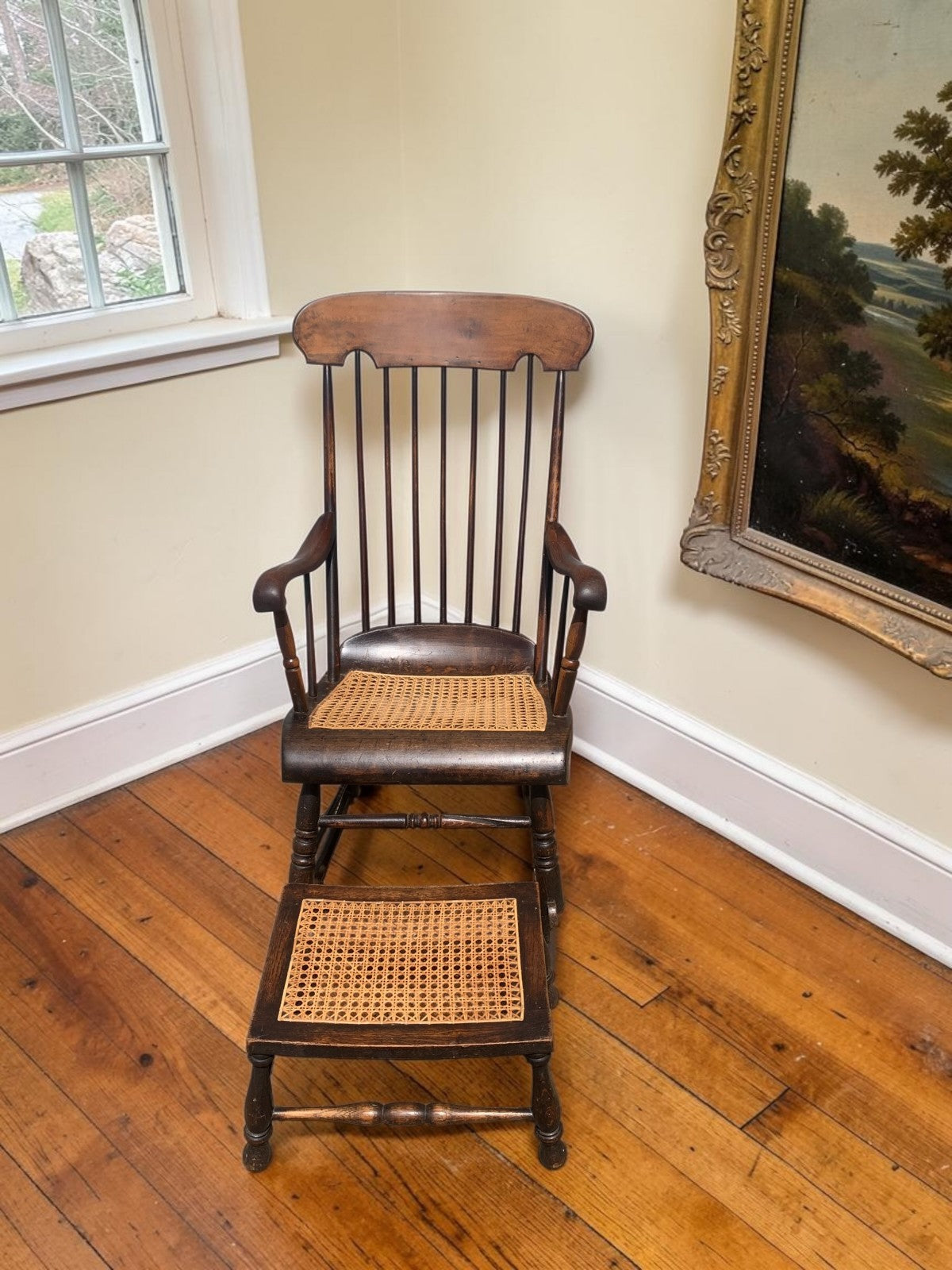 Antique Boston Rocker Chair & Matching Footstool c.1880 Victorian Windsor Cane