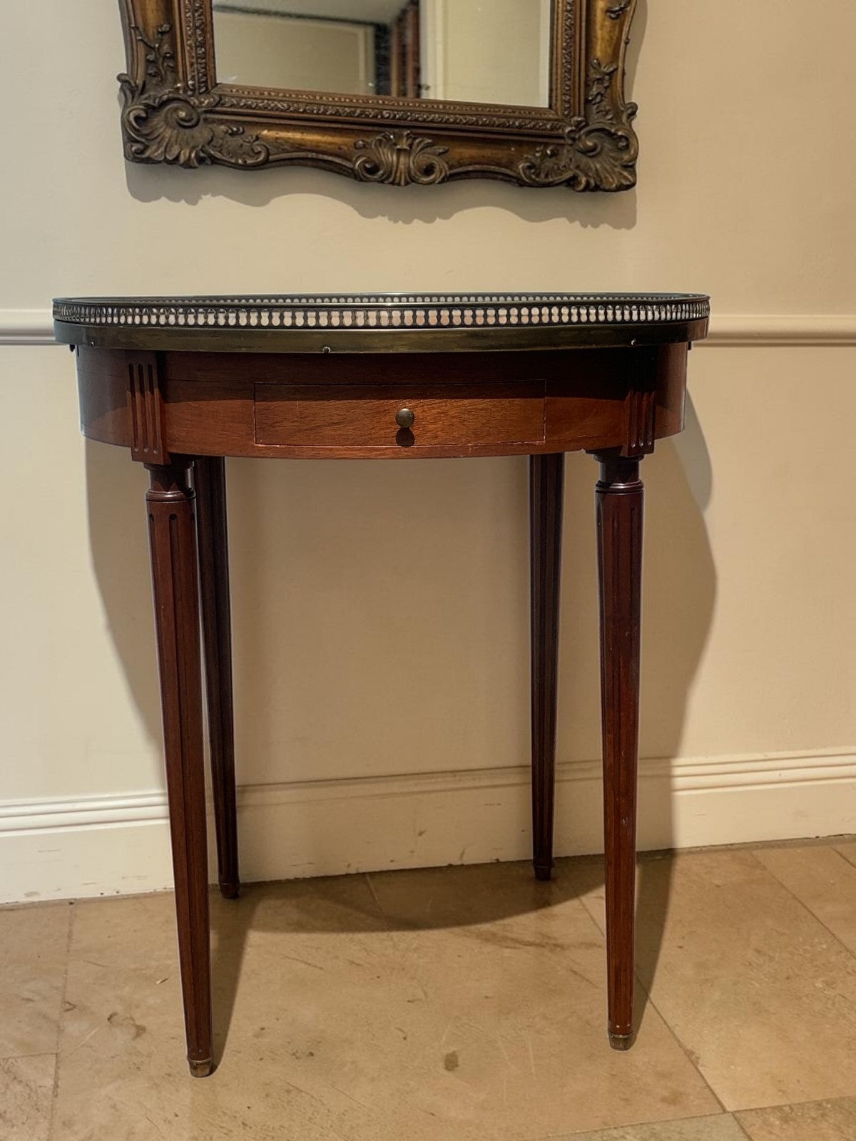 French Louis XVI Mahogany Bouillotte Table Marble Top 2 Drawers 2 Slides c1890
