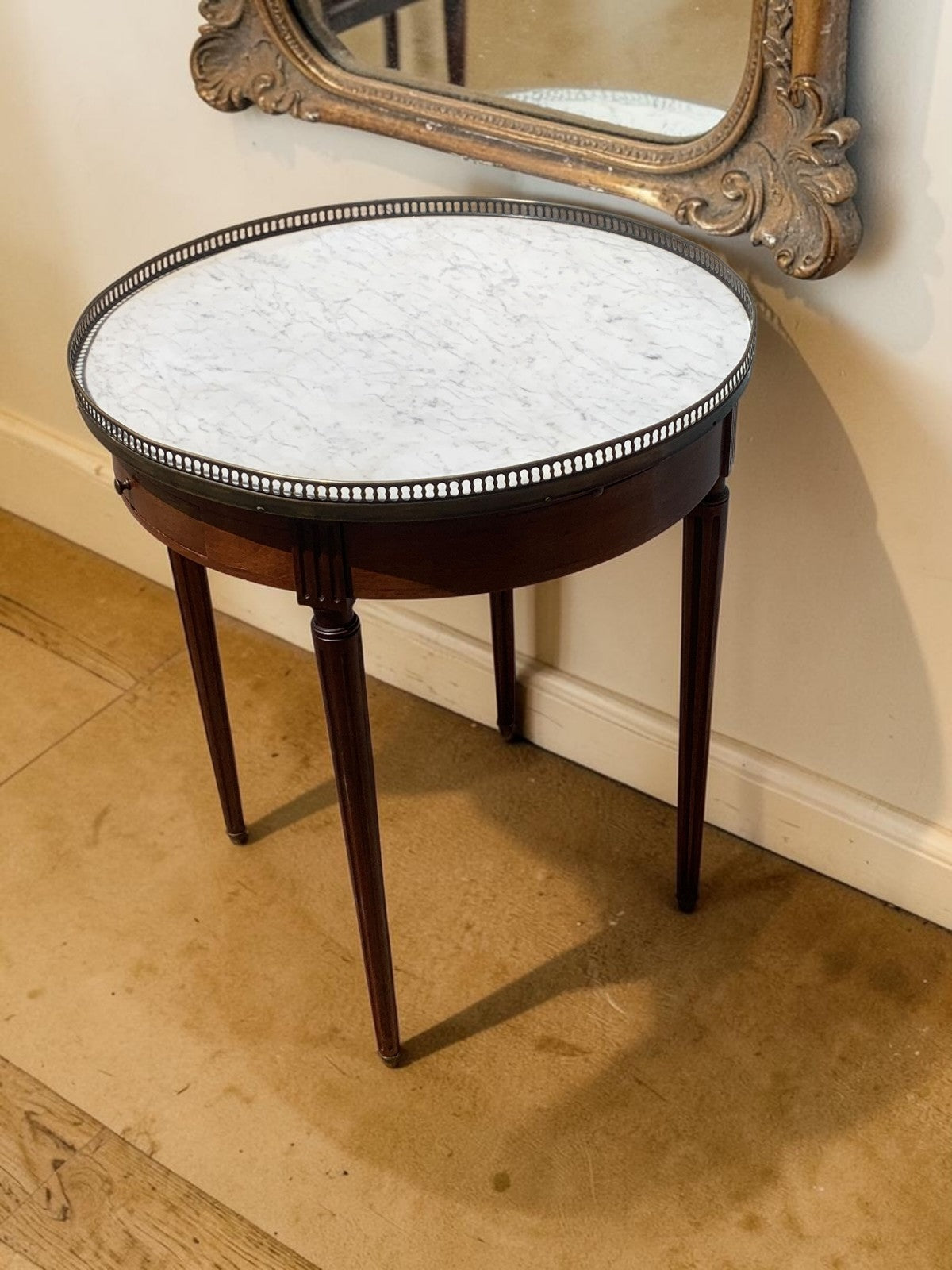 French Louis XVI Mahogany Bouillotte Table Marble Top 2 Drawers 2 Slides c1890