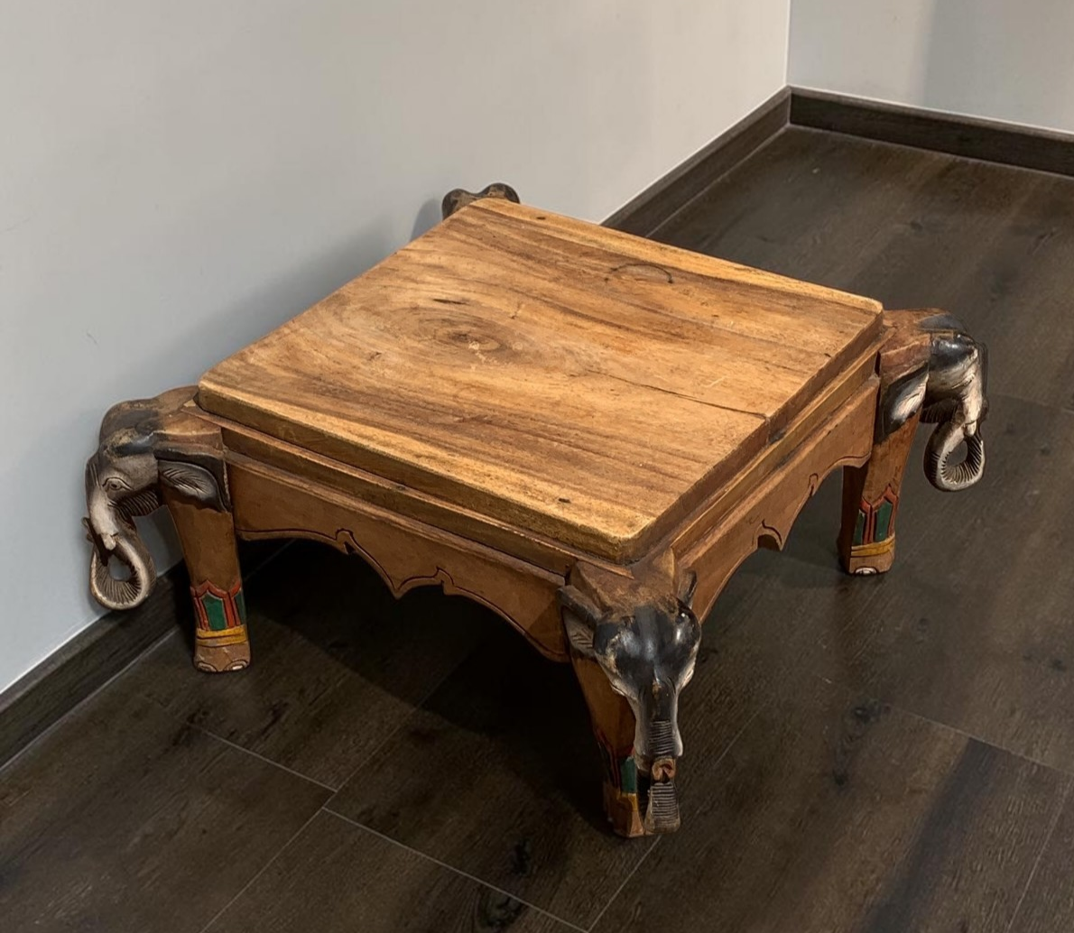 Vintage Indian Carved Elephant Coffee Table Low Stool Plant Stand Wooden