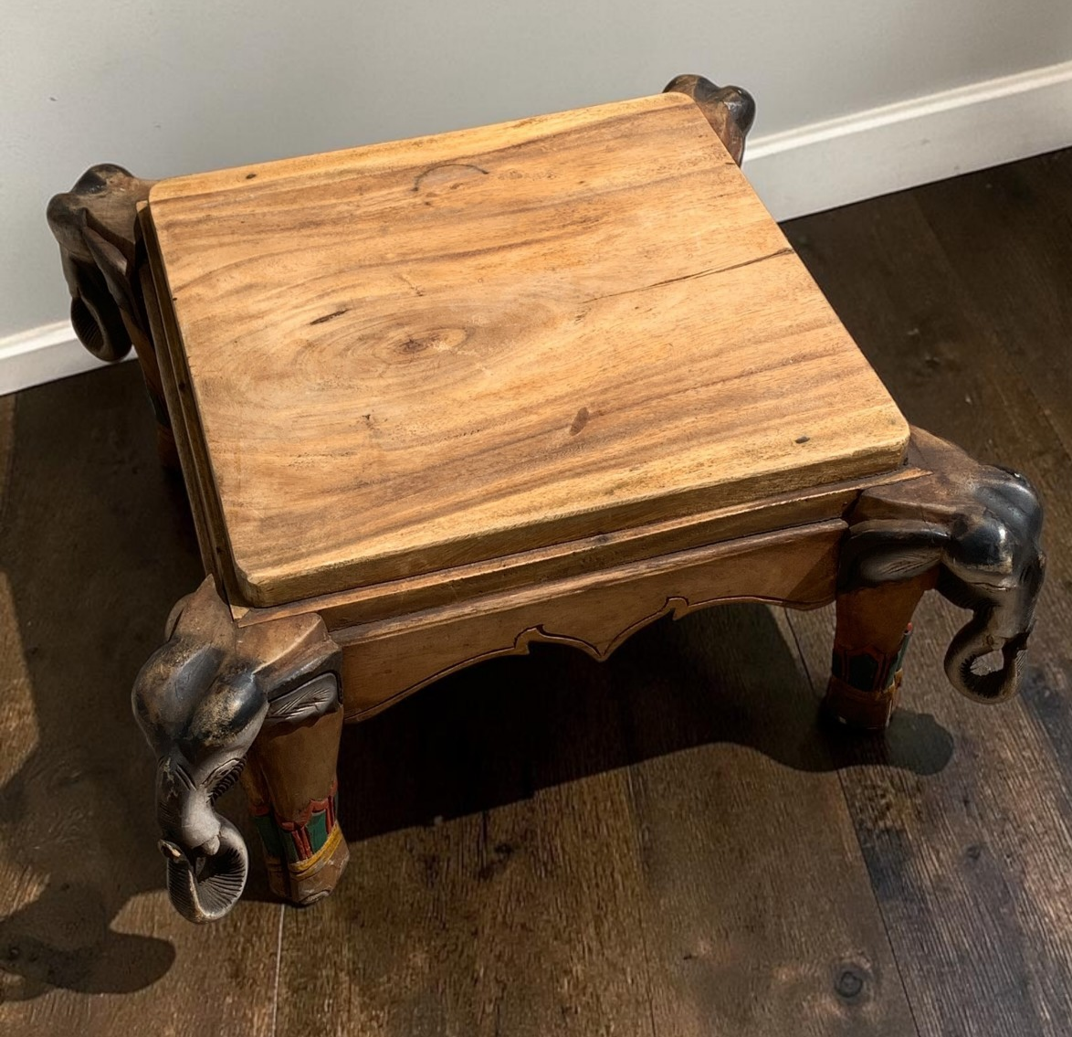Vintage Indian Carved Elephant Coffee Table Low Stool Plant Stand Wooden