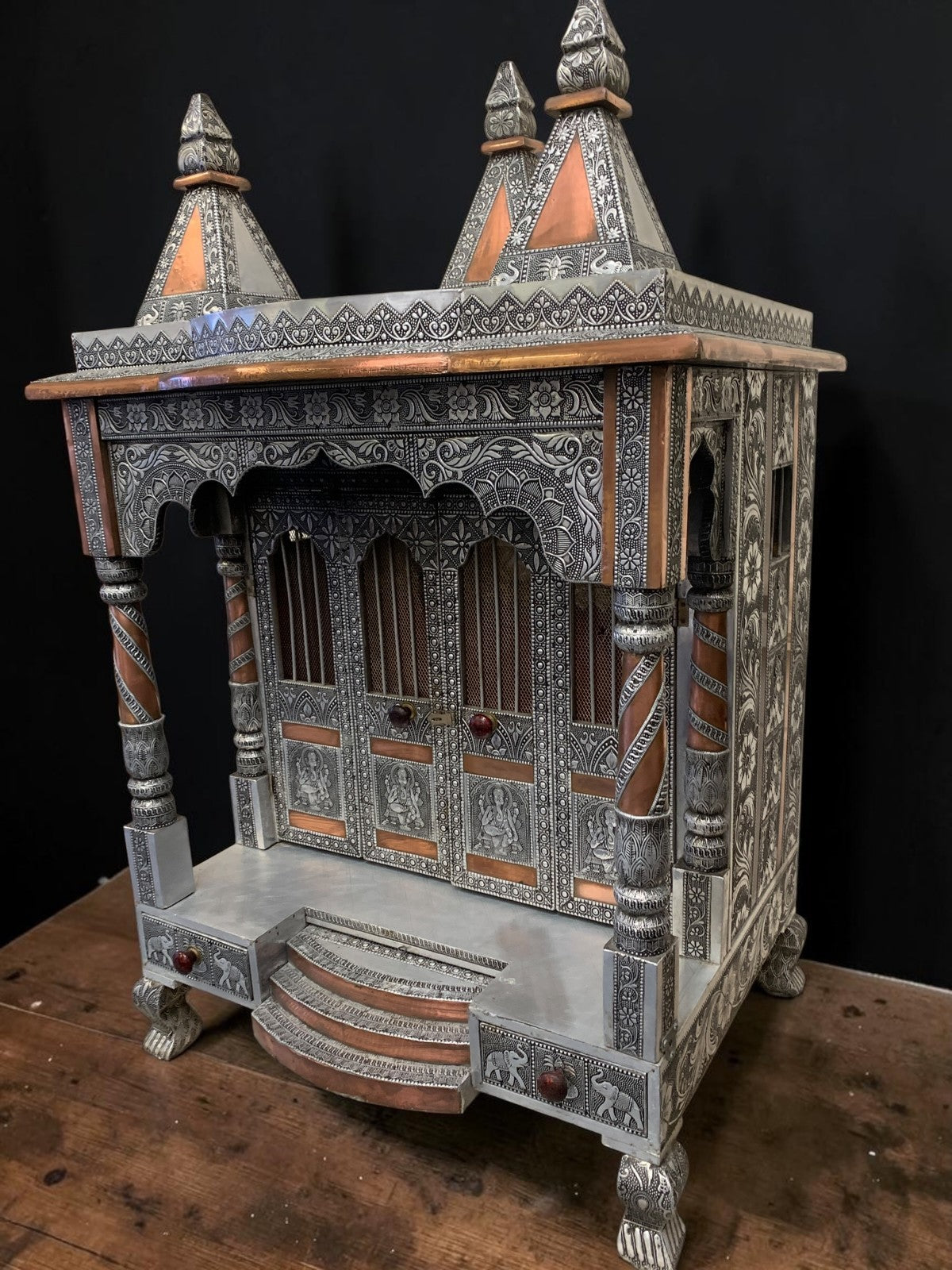 Large Silver & Copper Embossed Indian Pooja Mandir (Shrine) – Ganesha & Lakshmi