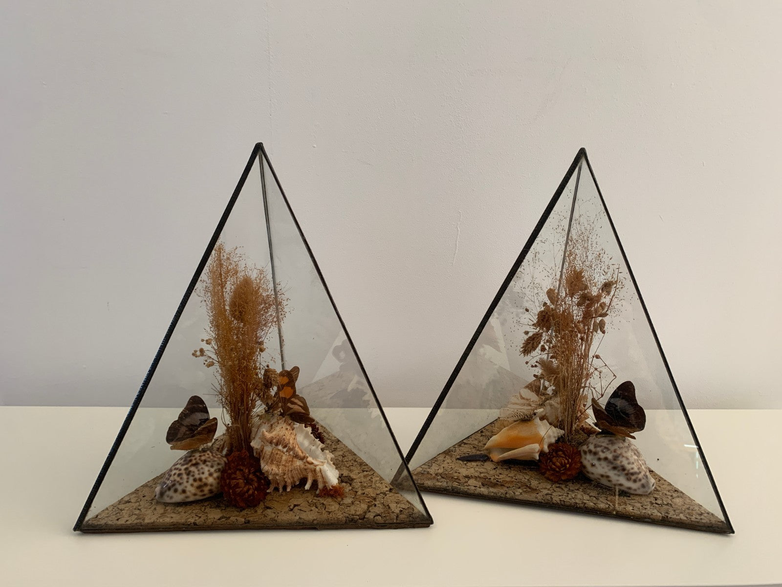 Vintage 1970s Pair of Large Geometric Pyramid Butterfly & Shell Terrariums