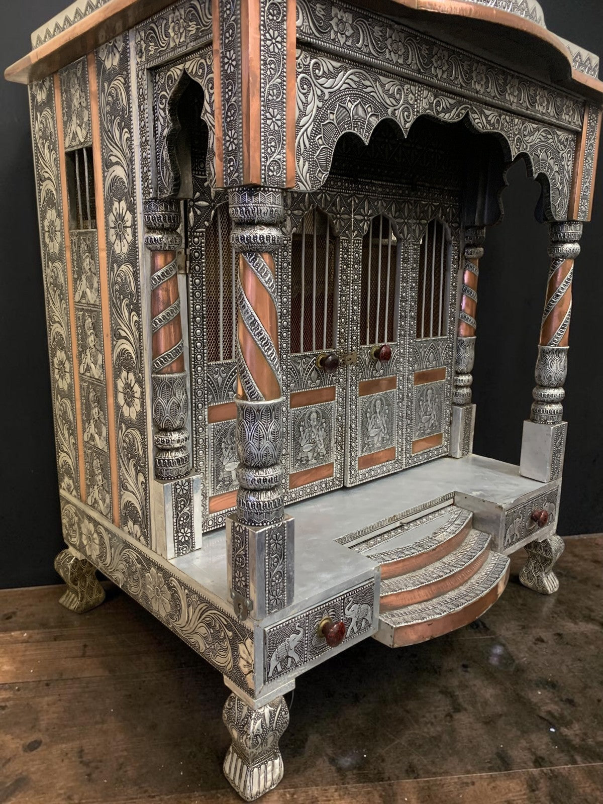 Large Silver & Copper Embossed Indian Pooja Mandir (Shrine) – Ganesha & Lakshmi