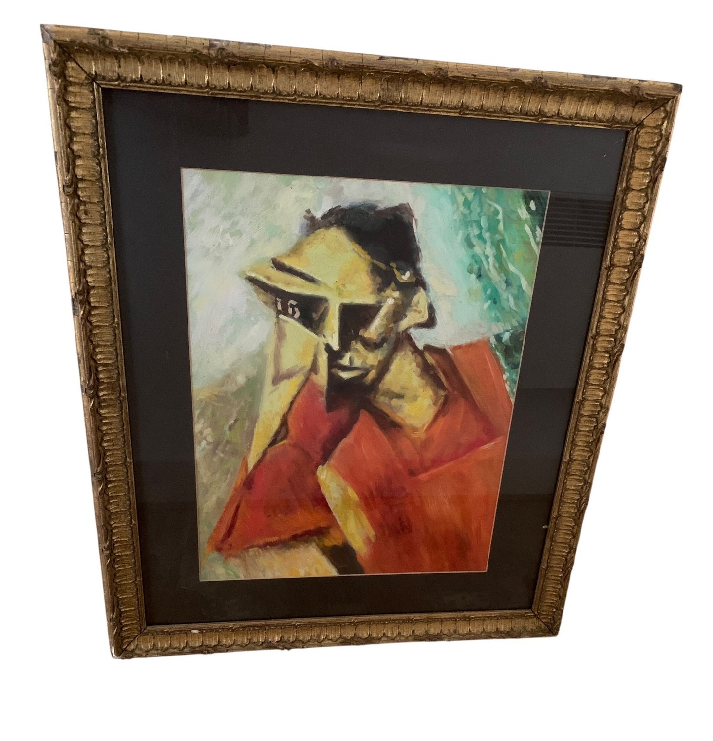 Antique Cubist Oil Painting Portrait After Lyonel Feininger Expressionist, Gilt