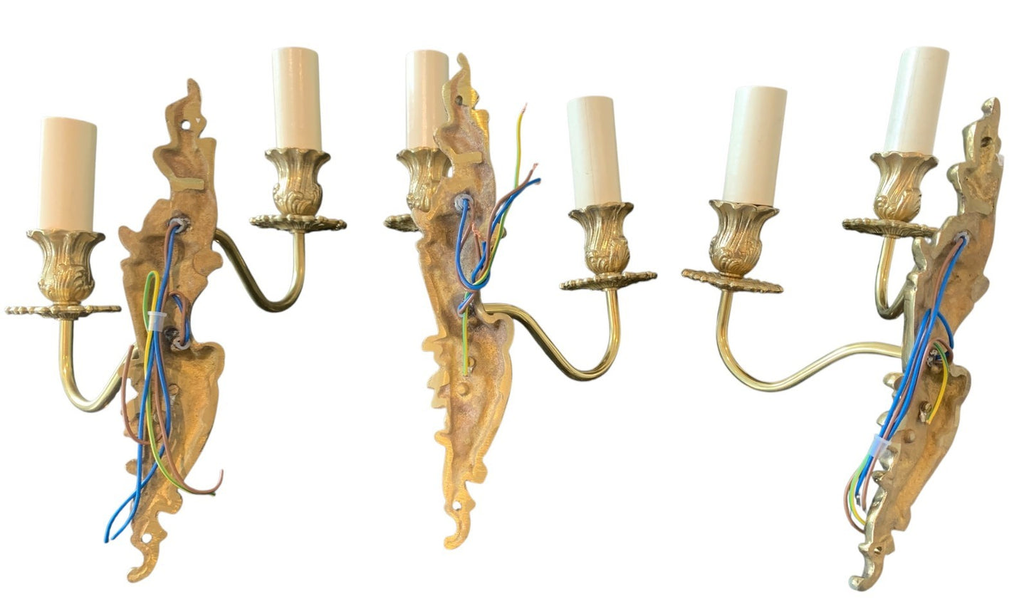 Set of Three Handmade French Rococo Style Brass Twin Candle Wall Lights by Impex