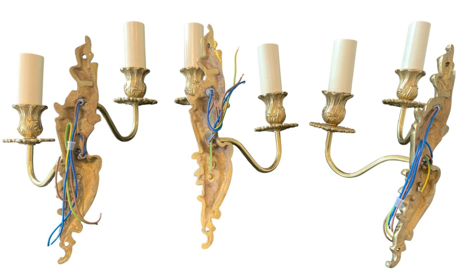Set of Three Handmade French Rococo Style Brass Twin Candle Wall Lights by Impex