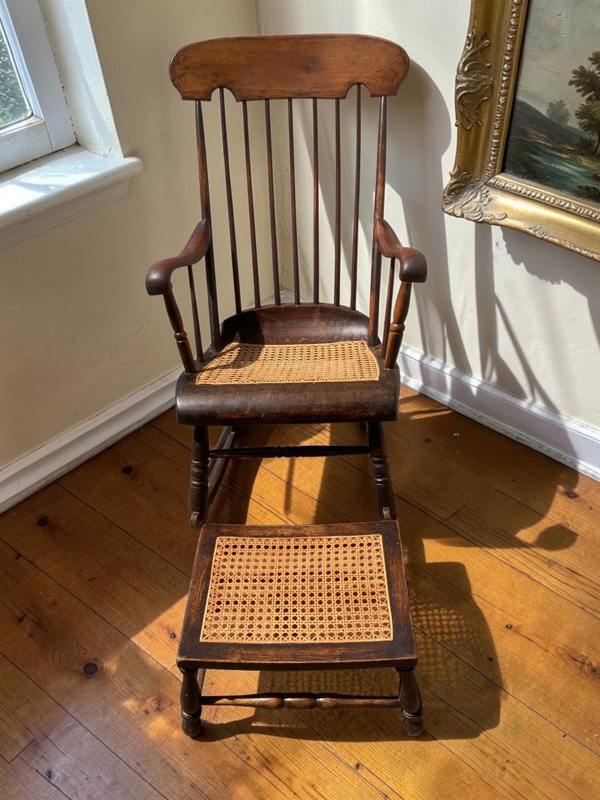 Antique Boston Rocker Chair & Matching Footstool c.1880 Victorian Windsor Cane