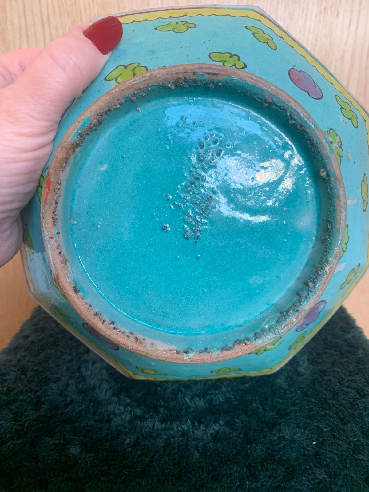 Antique Chinese Octagonal Pedestal Bowl Famille Verte / Yellow Clouds Motif