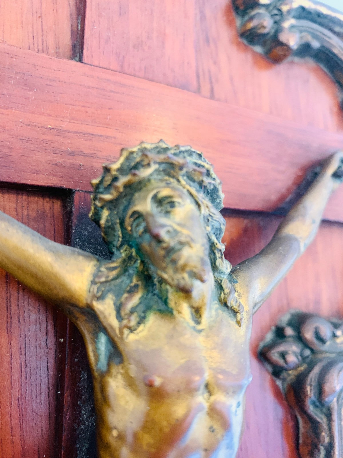 Antique French Gothic Revival Mahogany & Bronze Crucifix, Late 19th/Early 20th C