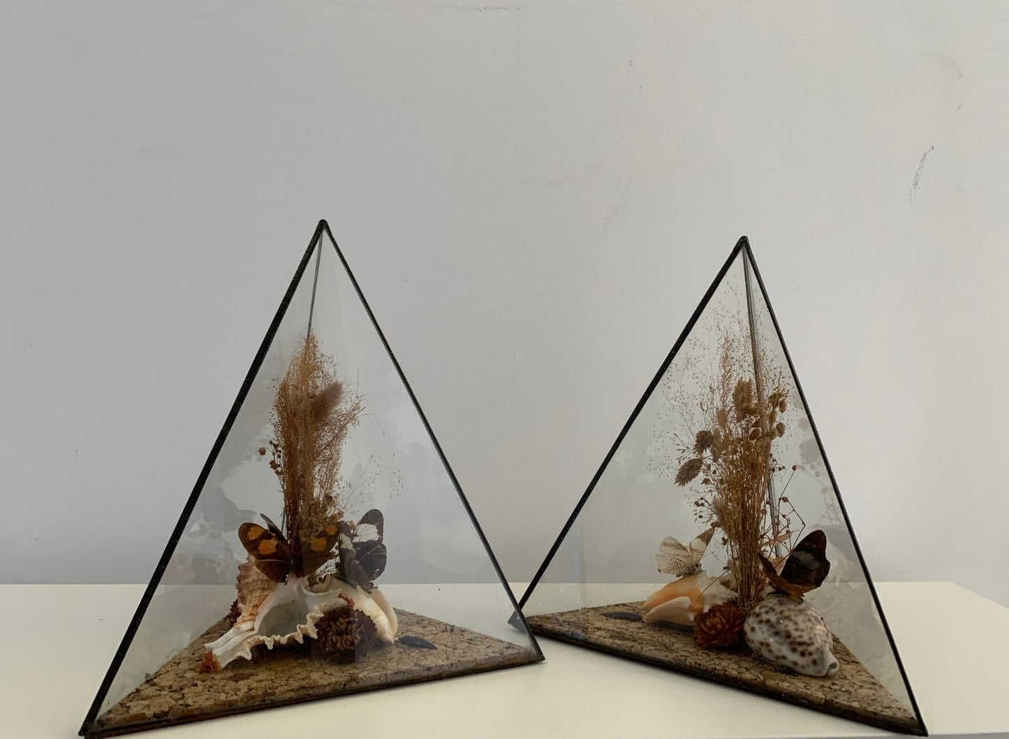 Vintage 1970s Pair of Large Geometric Pyramid Butterfly & Shell Terrariums