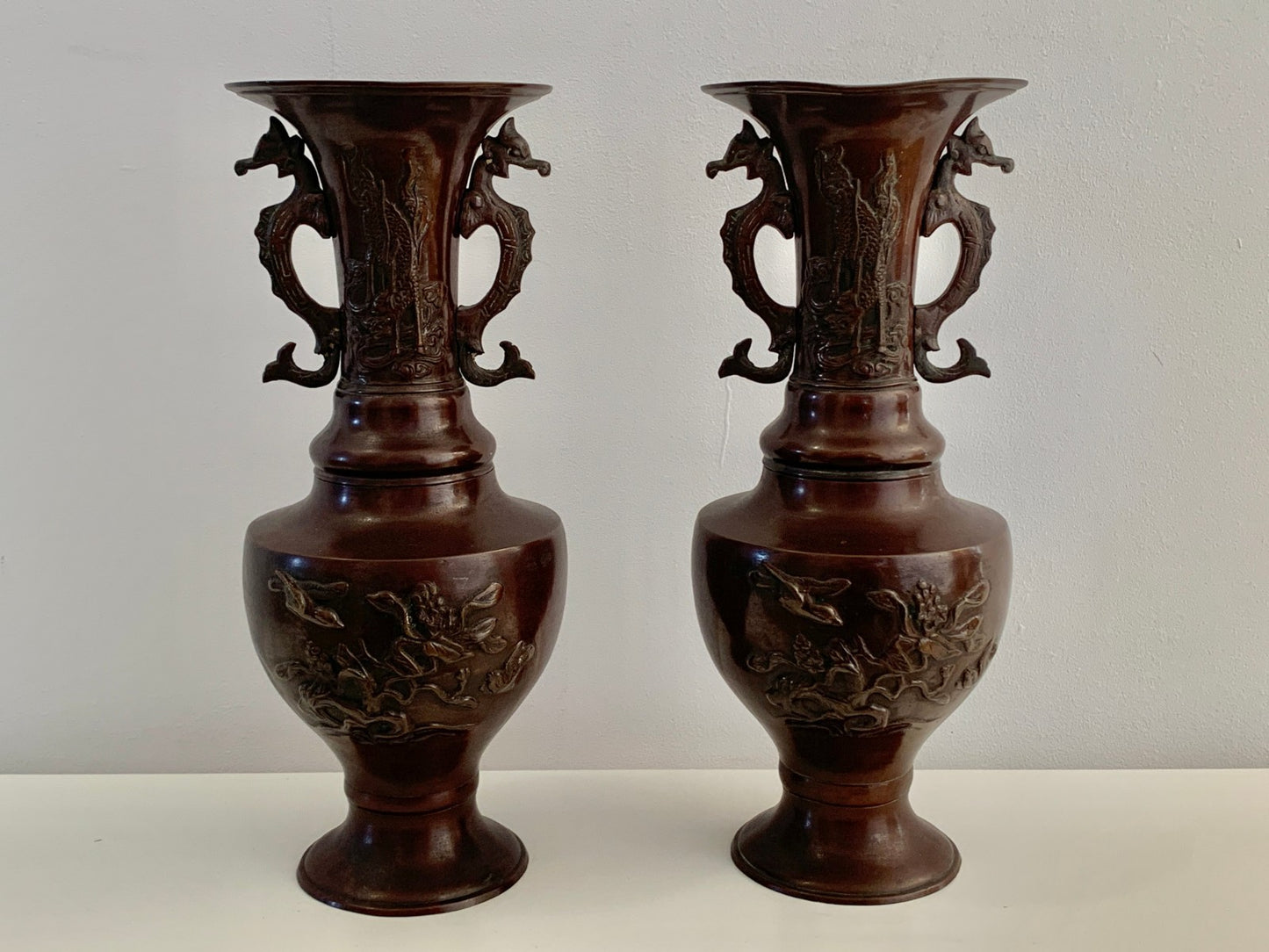 Antique Japanese Bronze Vases Pair Meiji Period 19thC Dragon Handles Bird Relief
