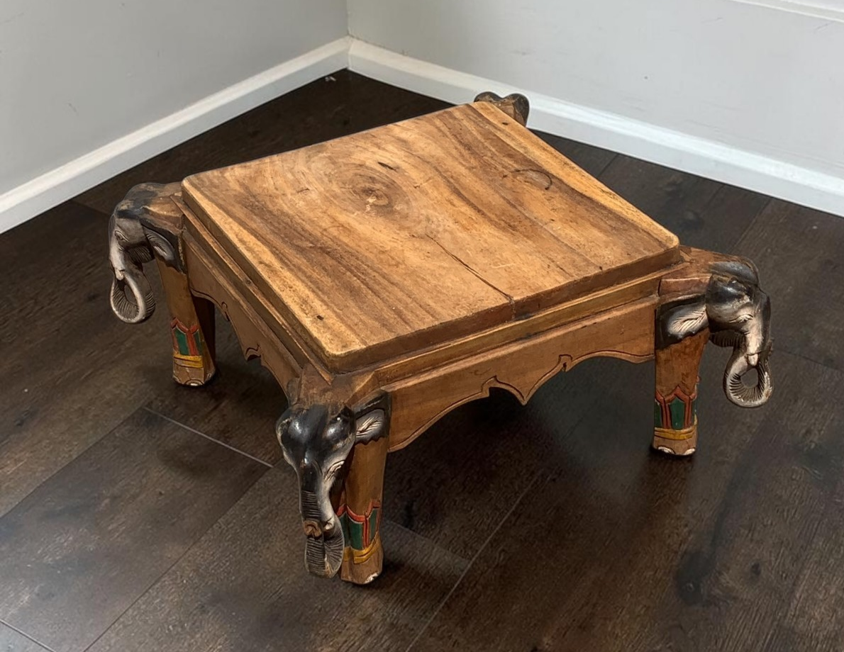 Vintage Indian Carved Elephant Coffee Table Low Stool Plant Stand Wooden