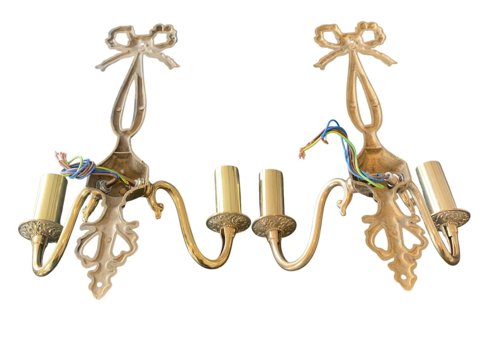 Pair of Neoclassical Solid Brass Ribbon Bow Twin Wall Lights by Impex 'Richmond'