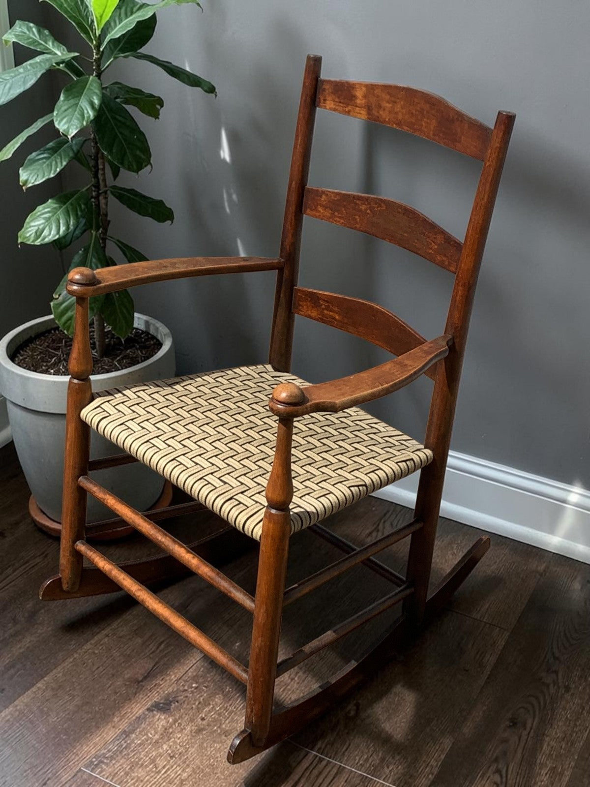 Antique American Child's Shaker Ladderback Rocking Chair Woven Seat c.1900