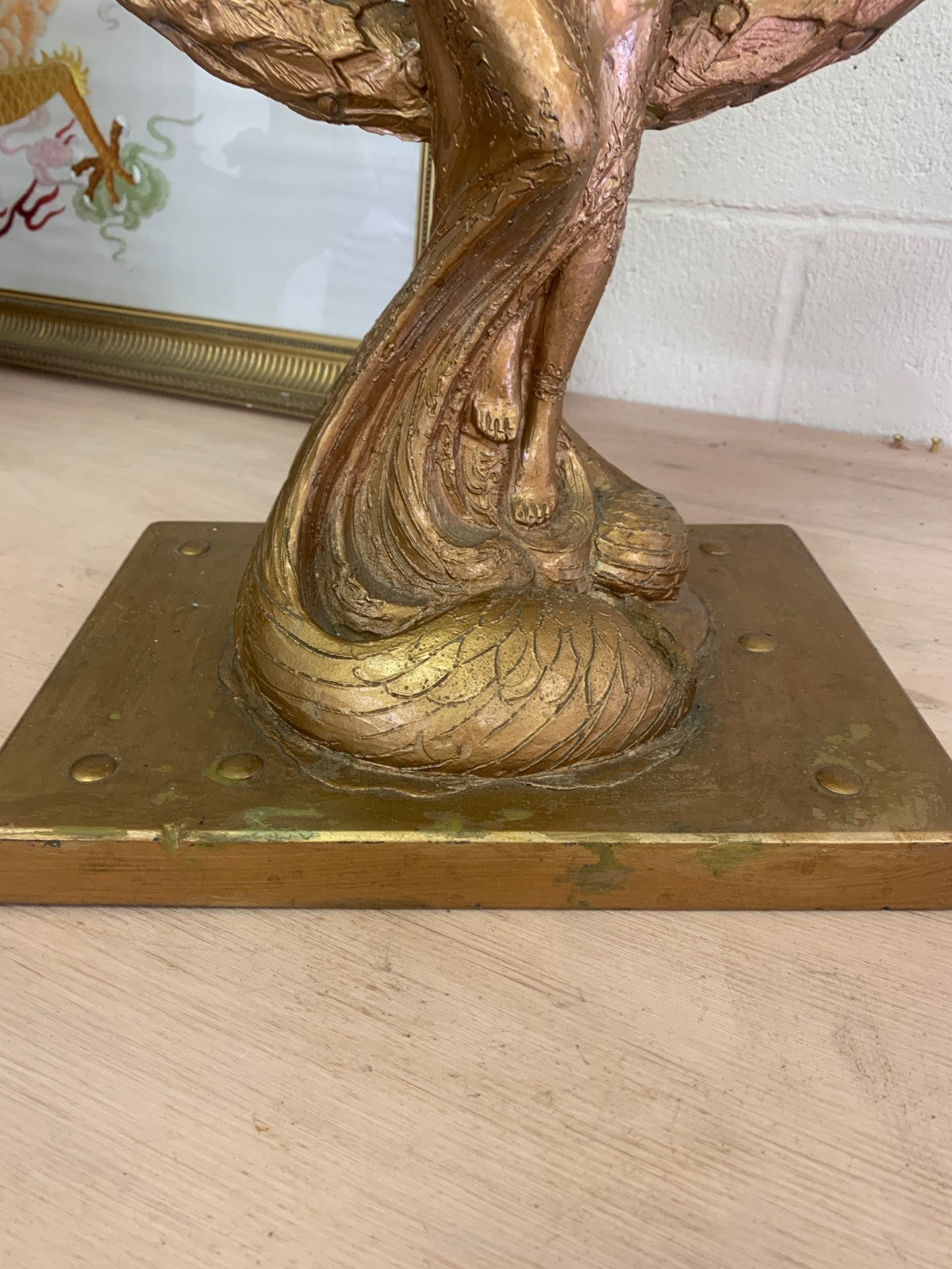 Large Heavy Vintage Art Nouveau-Style Golden Fairy Sculpture with Laurel Wreath